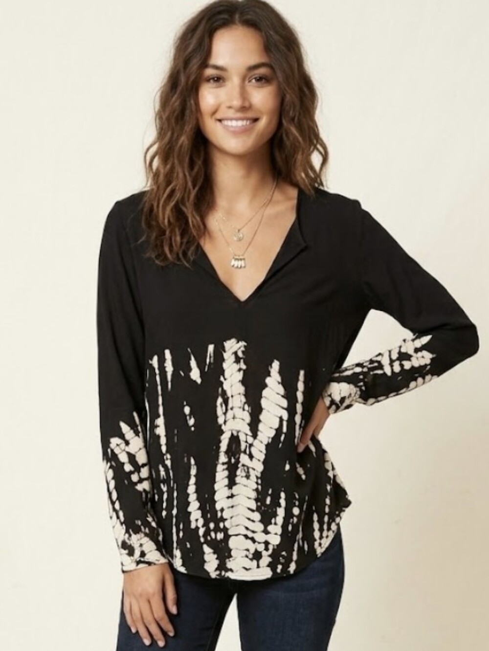 Young Fabulous & Broke Shibori Tie Dye Rayon Tunic Top Black Ivory S